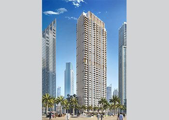 The punched masonry façade of the 44-storey Burj Crown.